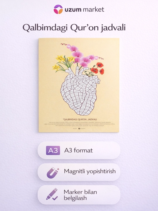 Qalbimda Qur’on yodlash jadvali, A3 format, marker va magnitlar to'plami, motivatsiya