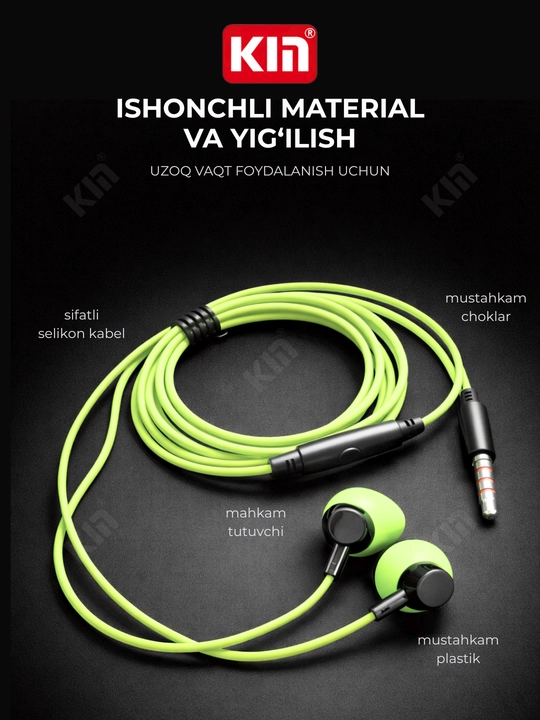 Simli quloqchin KIN K815 3.5mm naushnik telefon uchun stereo audio kabel