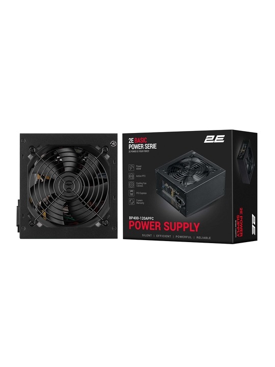 2E BASIC POWER 400 / 500 / 600 Vt quvvat bloki, ATX,80%,120 mm ventilyator, qora