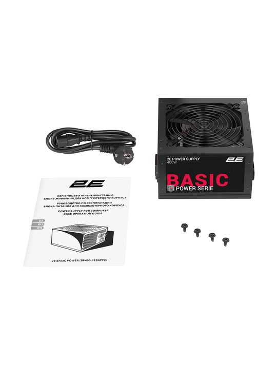 2E BASIC POWER 400 / 500 / 600 Vt quvvat bloki, ATX,80%,120 mm ventilyator, qora