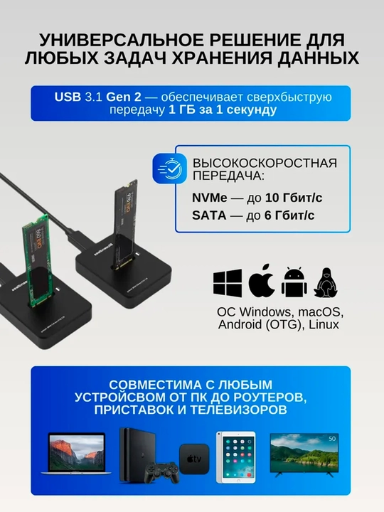 M.2 NVME SSD + SATA o'rnatish stantsiyasi M2 va SATA SSD-larini qo'llab-quvvatlaydi