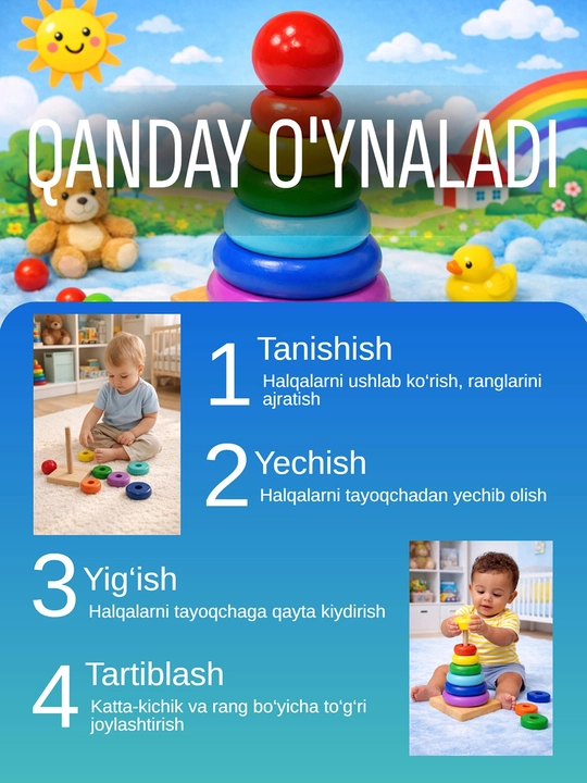 Деревянные развивающие игрушки для детей - Пирамидка, Металлофон, Часы, Сортер, Монтессори