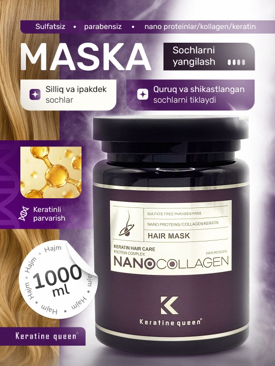 Keratin Queen tiklovchi niqobi, nanoprotein, nanokollagen, sulfatlarsiz, 900ml