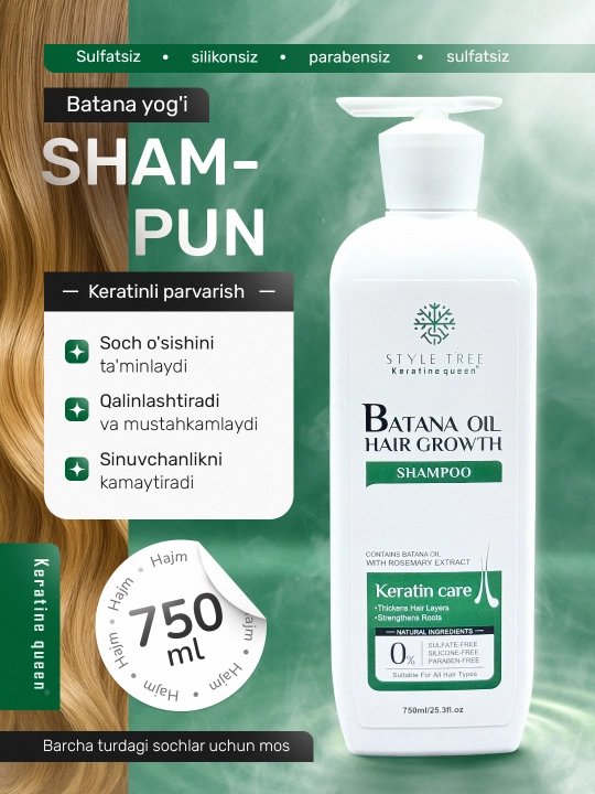 Keratin Queen шампунь для стимуляции роста волос с маслом батана, 750 мл