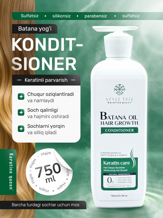 Keratin Queen batan moyli o‘sishni kuchaytiruvchi konditsioner, 750 ml