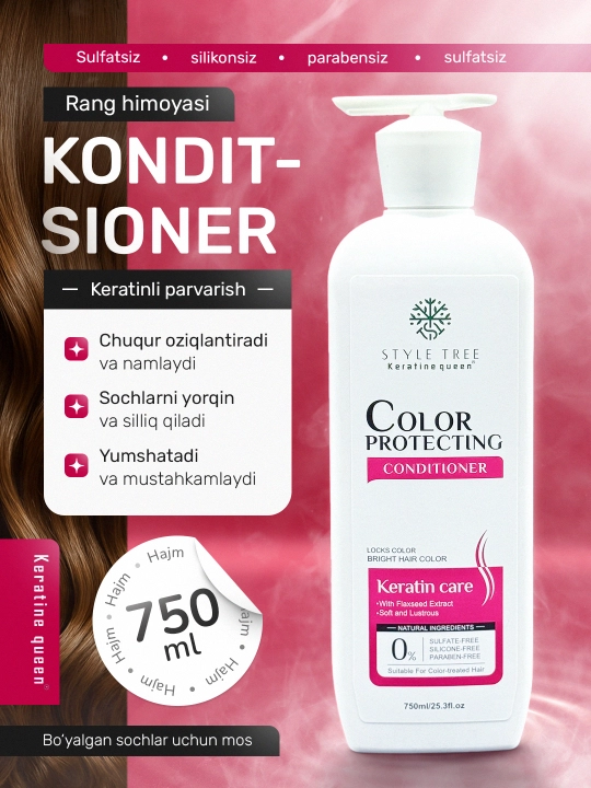 Keratin Queen bo‘yalgan sochlar uchun rangni saqlovchi konditsioner, 750 ml