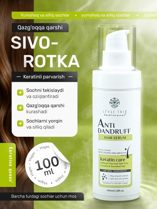 Keratin Queen mavrak ekstrakti bilan qazg‘oqqa qarshi tinchlantiruvchi soch sarumi, 100 ml