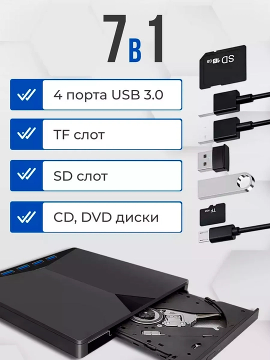 Tashqi USB 3.0 Type-C DVD-RW Noutbuk va shaxsiy kompyuter uchun 7 tasi 1 da