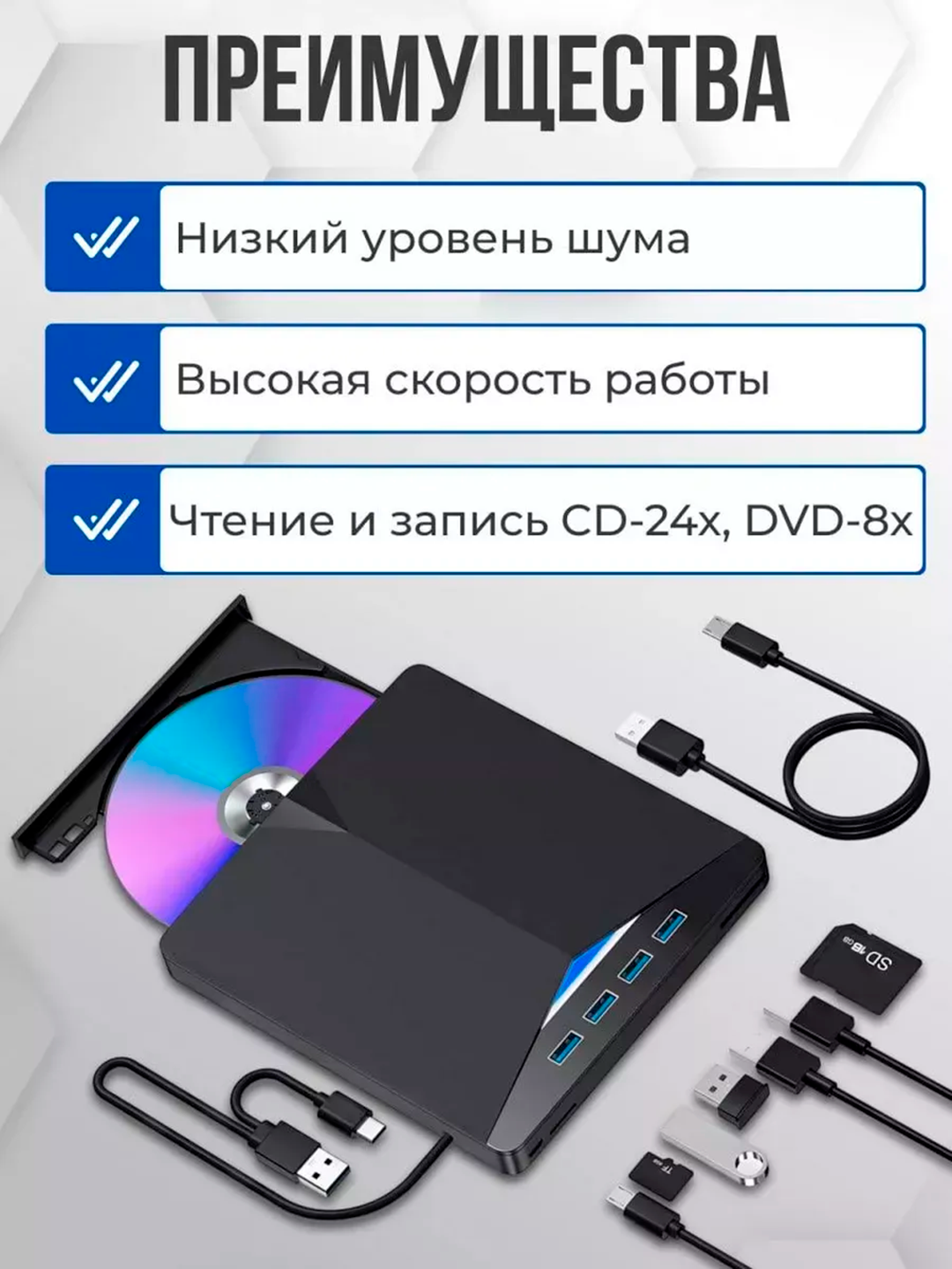 Tashqi USB 3.0 Type-C DVD-RW Noutbuk va shaxsiy kompyuter uchun 7 tasi 1 da