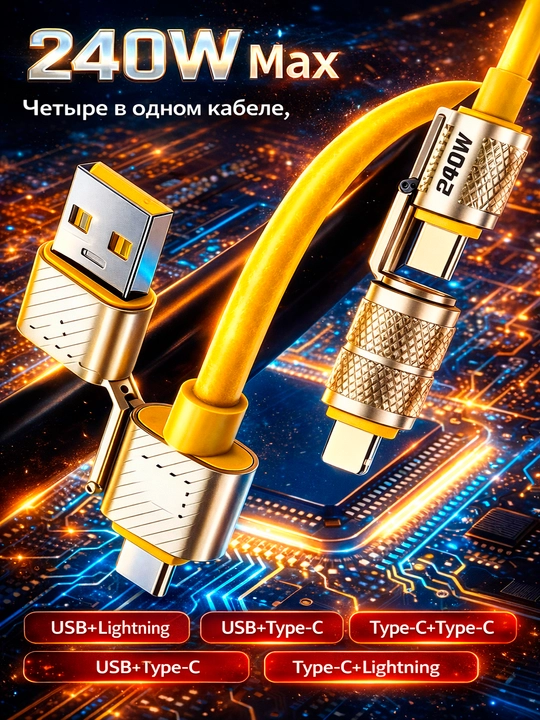 Кабель для зарядки 4в1 Type-C Lightning USB 240Вт
