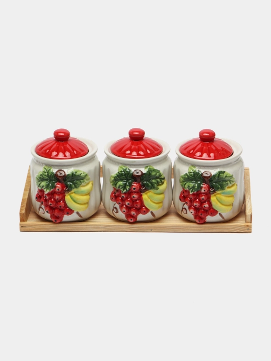 Kasatik oshxona idishlari to'plami yog'och stendda, 3 banka, 500 ml