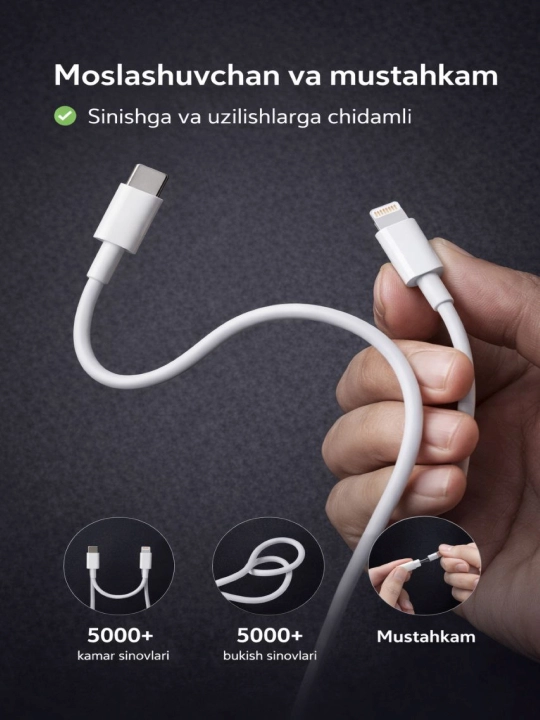 IPhone uchun Type-C to Lightning kabel 1 m, iPhone X/ 11/ 12/ 13/ 14 uchun, tez zaryadlash
