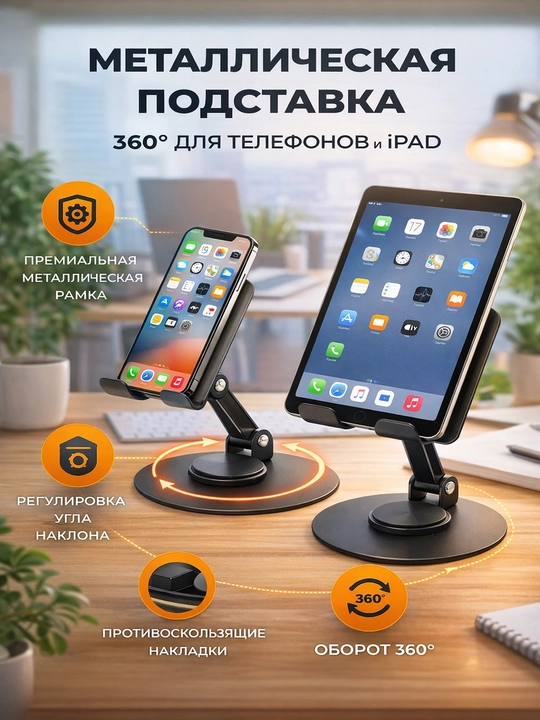 360 darajali universal metall tagkursi, telefonlar va iPad uchun - 