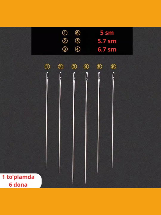Ignalar, zamonaviy tikuvchilik to‘plami – 6 dona, yon tomondan ip o'tkazish uchun - 