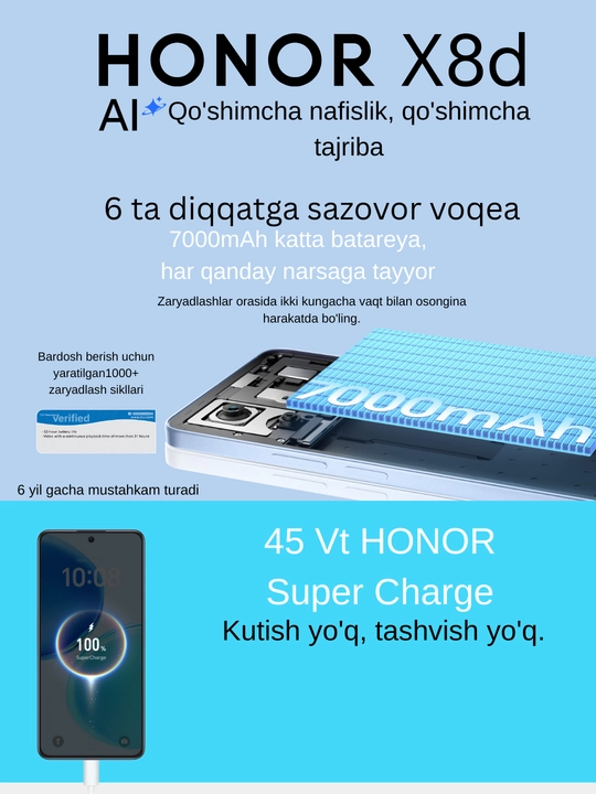 Honor X8d,108 MP, NFC, AMOLED, 7000 mA/soat, tez zaryadlash
