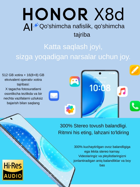Honor X8d,108 MP, NFC, AMOLED, 7000 mA/soat, tez zaryadlash