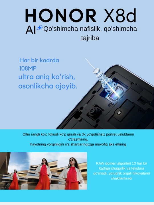 Honor X8d,108 MP, NFC, AMOLED, 7000 mA/soat, tez zaryadlash