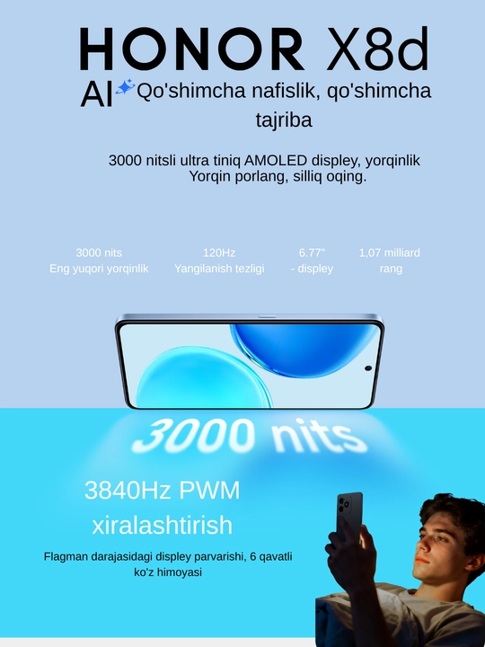 Honor X8d,108 MP, NFC, AMOLED, 7000 mA/soat, tez zaryadlash