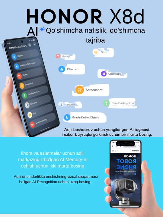 Honor X8d,108 MP, NFC, AMOLED, 7000 mA/soat, tez zaryadlash