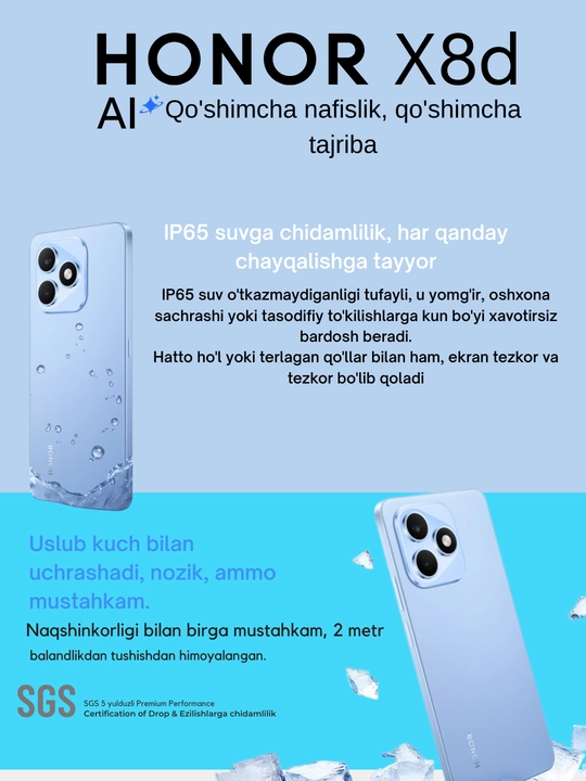 Honor X8d,108 MP, NFC, AMOLED, 7000 mA/soat, tez zaryadlash