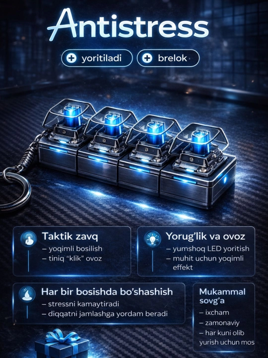LED yoritgichli antistress klikker, brelok antistress, brelok klaviatura - 