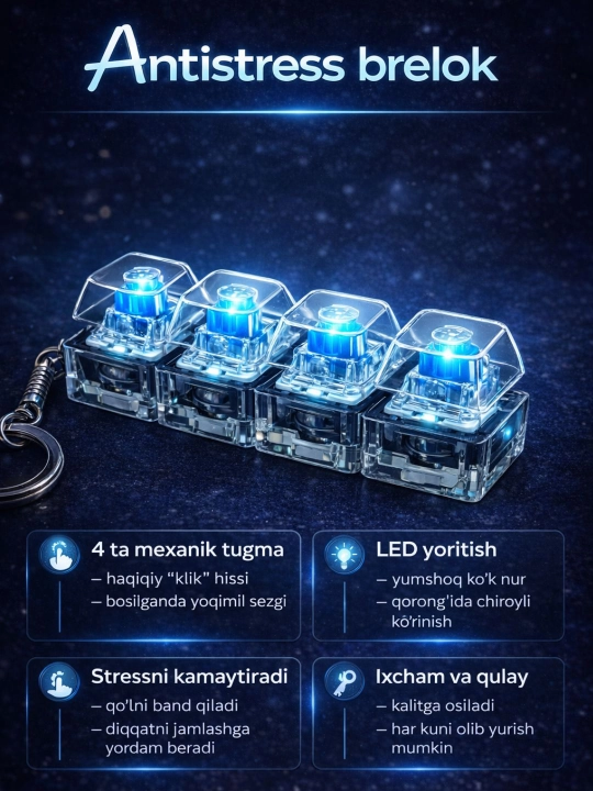 LED yoritgichli antistress klikker, brelok antistress, brelok klaviatura - 