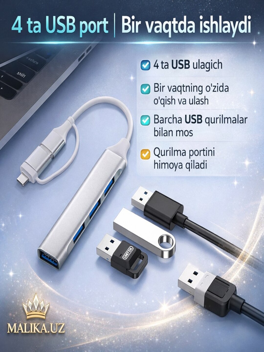 USB HUB 3.0 Type A+C 4 portli, USB hub adapteri