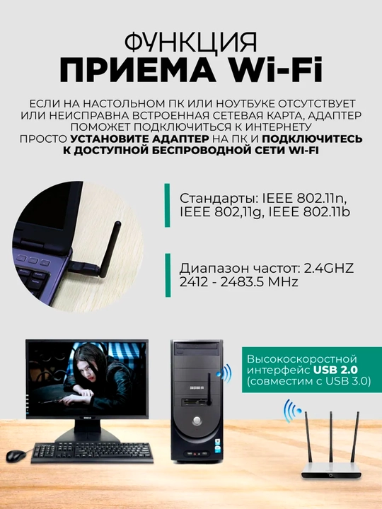 USB адаптер Wi-Fi с антенной чип МT7601, для компьютеров