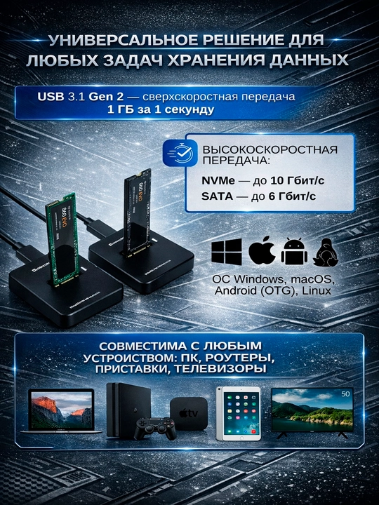 M.2 NVME SSD + SATA o'rnatish stantsiyasi M2 va SATA SSD-larini qo'llab-quvvatlaydi