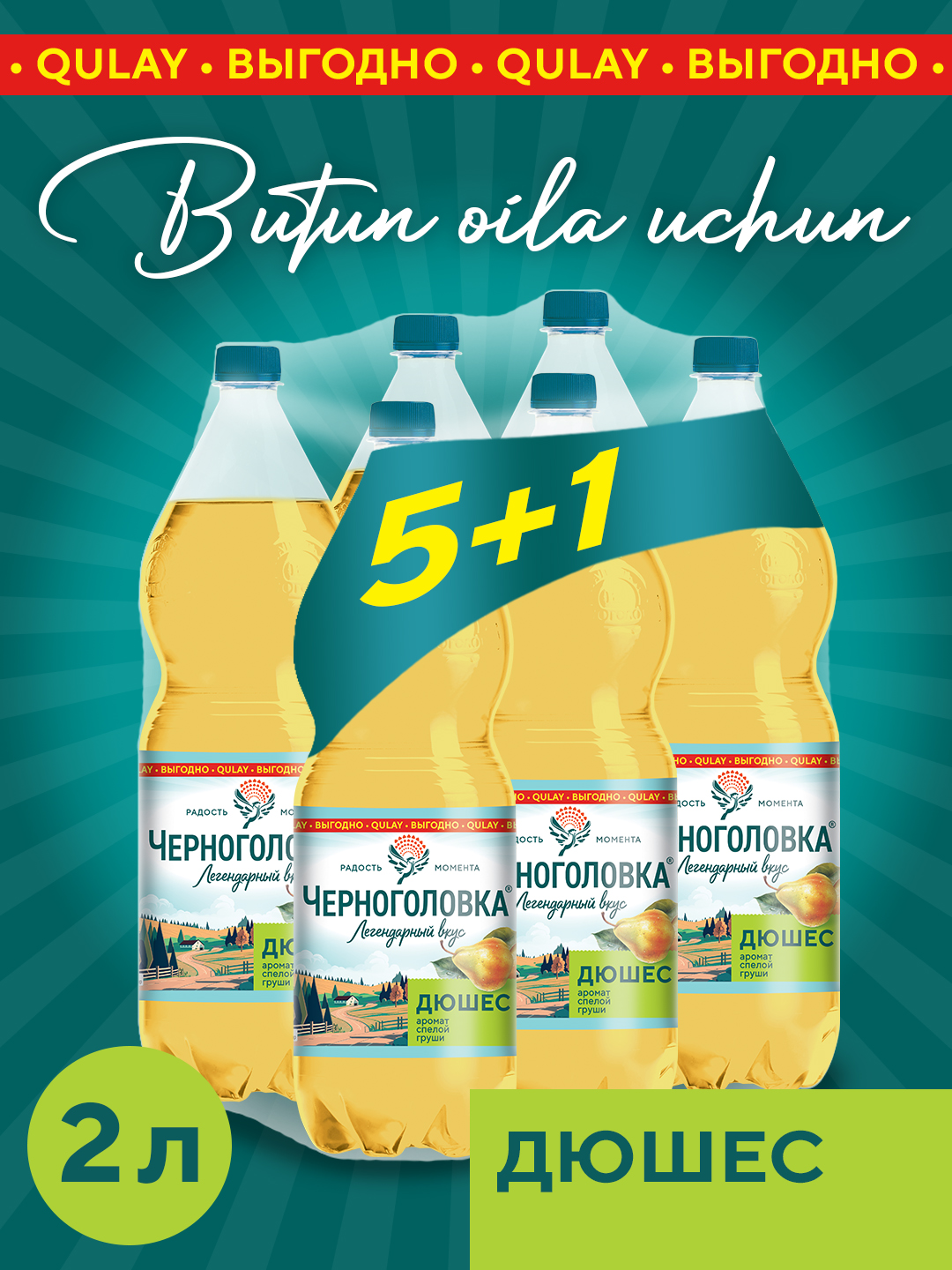 Chernogolovka gazlangan ichimlik — Dyushes 2 l × 6 dona (5+1) - 