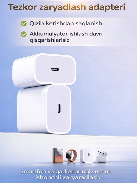 Hoco Zaryadlash adapteri, 20W tezkor zaryadlash, Smartfon va gadjetlar uchun quvvatlagich