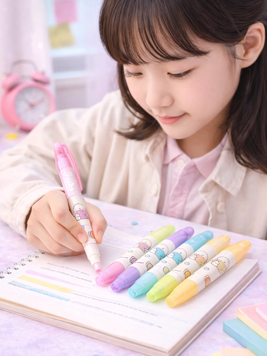 Pastel flomaster xaylayterlar, 6 rangli to‘plam, yumshoq uchli, koreys kanselyariyasi