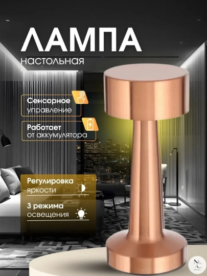 Перезаряжаемая светодиодная настольная лампа с сенсорным управлением, регулировкой яркости — 5879654-LAMPA1-МЕДН