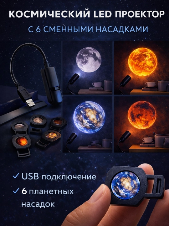 6 ta almashtiriladigan nasadkali PLANETARIUM USB tungi yoritgich-sayyoralar proyektori - 