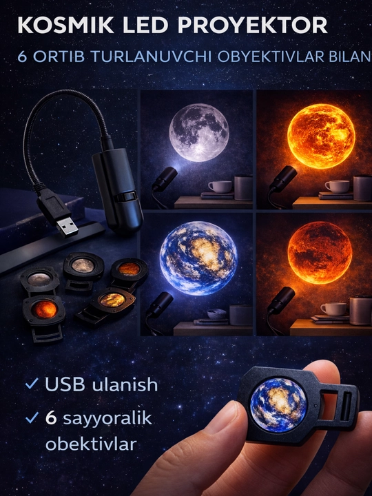 6 ta almashtiriladigan nasadkali PLANETARIUM USB tungi yoritgich-sayyoralar proyektori