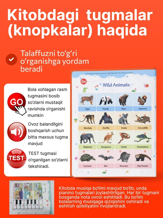 Interaktiv gapiruvchi kitob bolalar uchun 500 so‘z va tovushlar 2 tilda O'zb-Ing, Rus-Ing