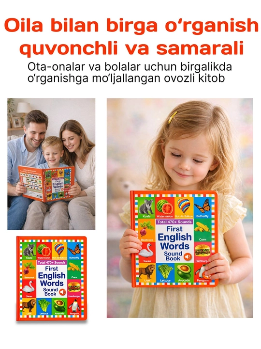 Interaktiv gapiruvchi kitob bolalar uchun 500 so‘z va tovushlar 2 tilda O'zb-Ing, Rus-Ing