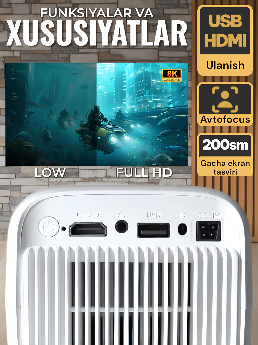 Smart video proektor HY320, HY260PRO, TP300, A-10, 1080P, Android 14