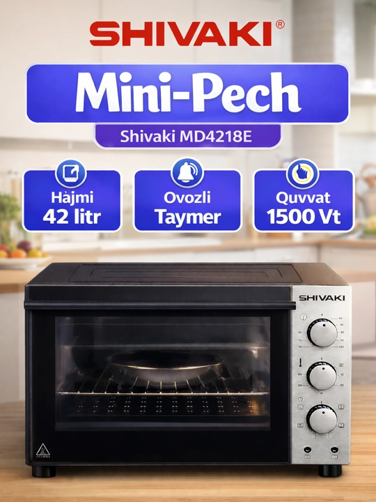 Ixcham va qulay Shivaki MD4218E 42 litr mini pech — uy uchun ideal tanlov, qora