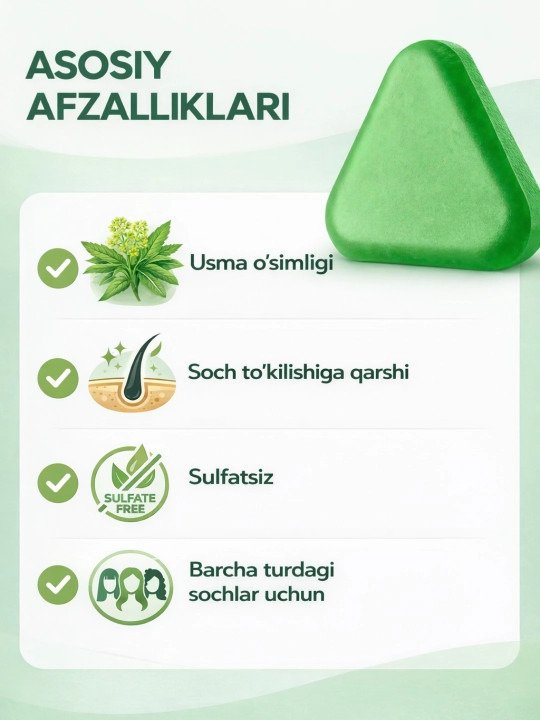 Soch uchun yashil qattiq shampun-sovun Nature Seven – to‘kilishga qarshi, usmali