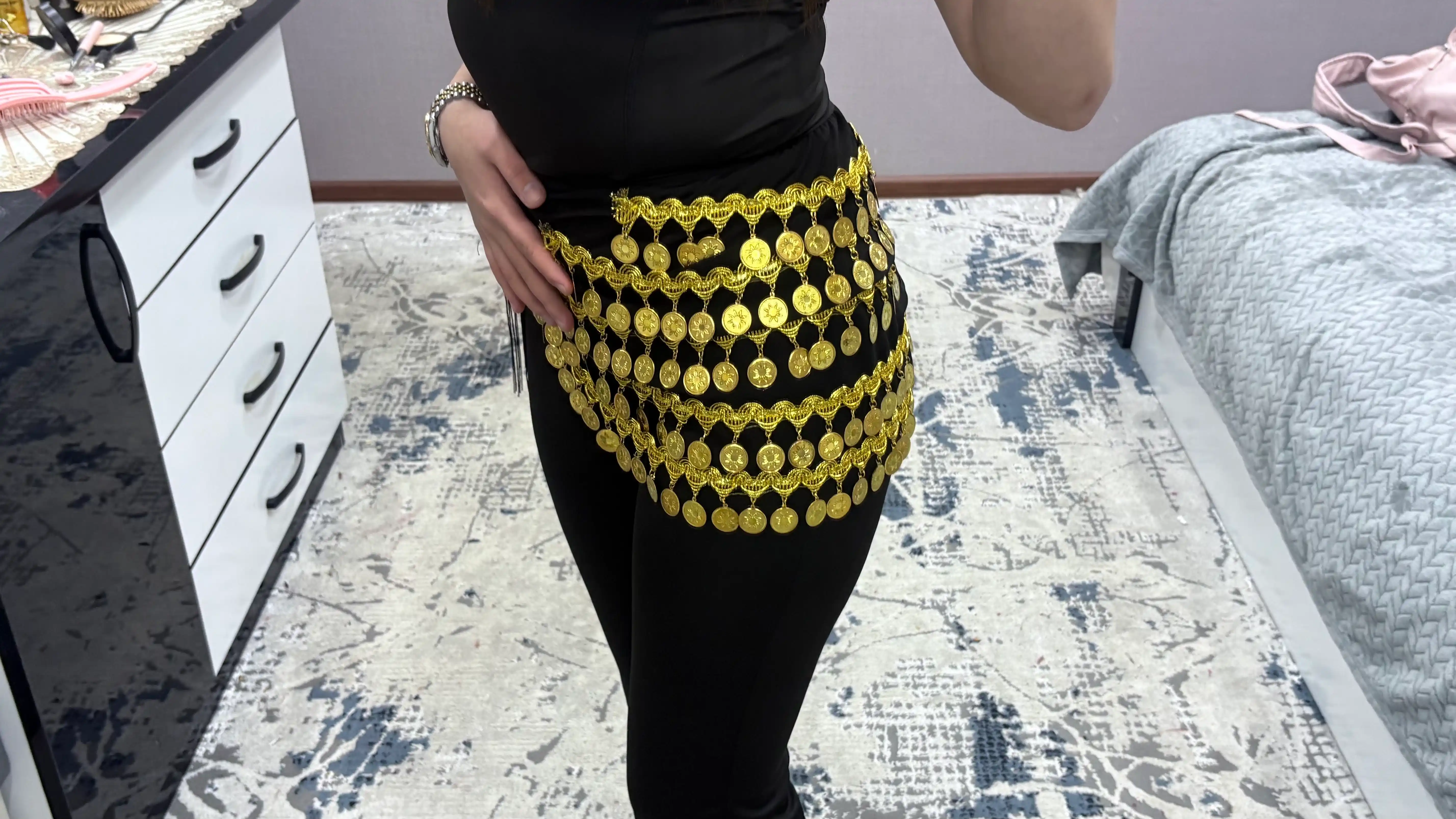 Arabcha raqs uchun bel bezagi, tangachali bel sharf, belly dance aksessuar