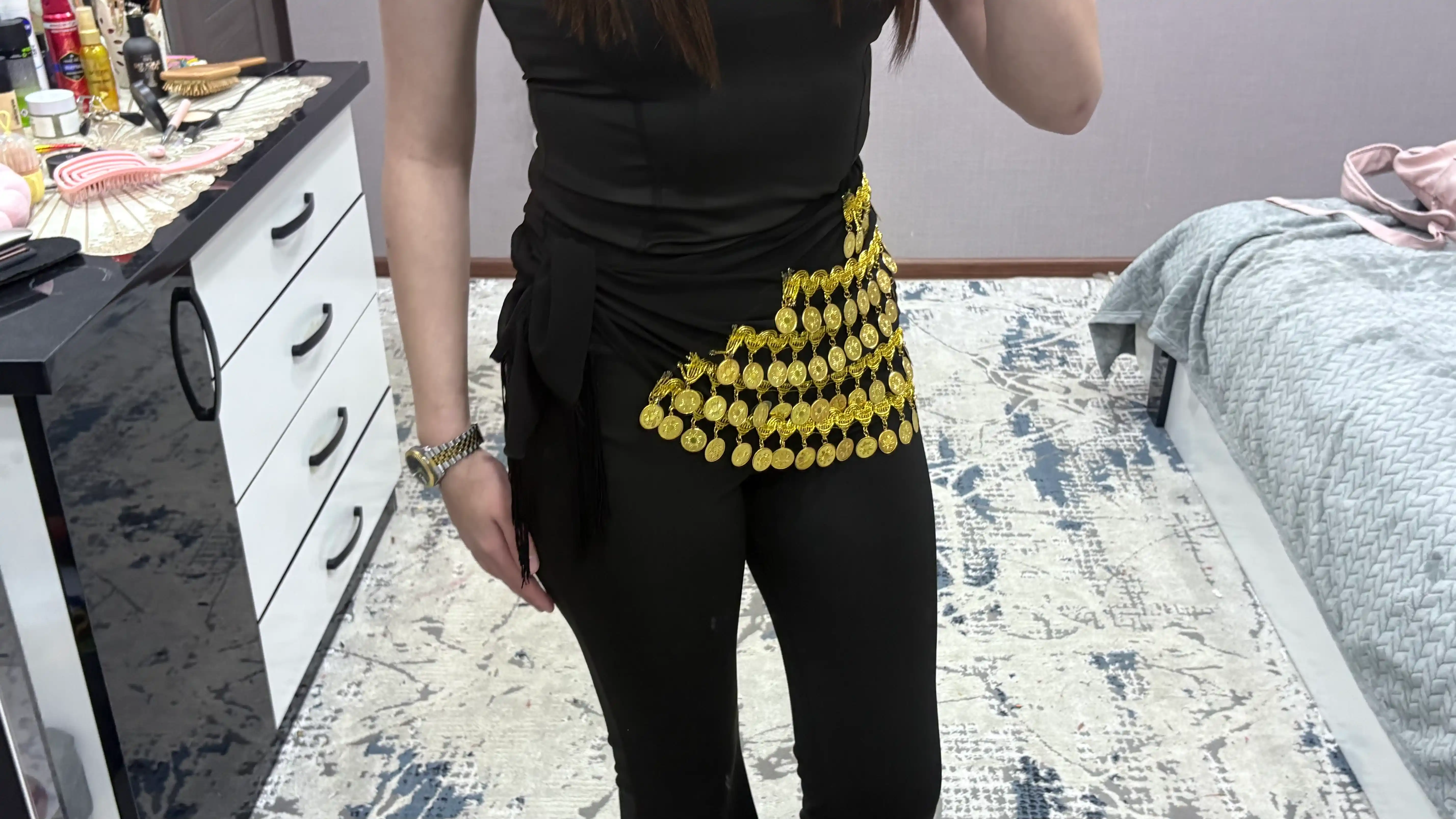 Arabcha raqs uchun bel bezagi, tangachali bel sharf, belly dance aksessuar