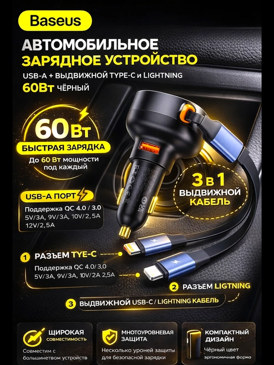 Автомобильное зарядка от фирмы Baseus USB-A выдвижной Type-C и Lightning 60W чёрный цвет - 