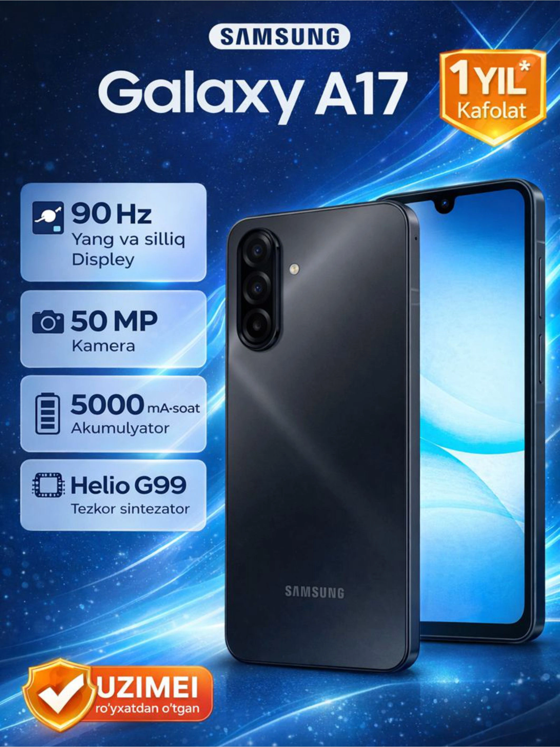 Смартфон Samsung Galaxy A17, 6.7" 90Гц экран, камера 50Мп, батарея 5000 мАч за 2499000 сум со скидкой 38%. Uzum Market