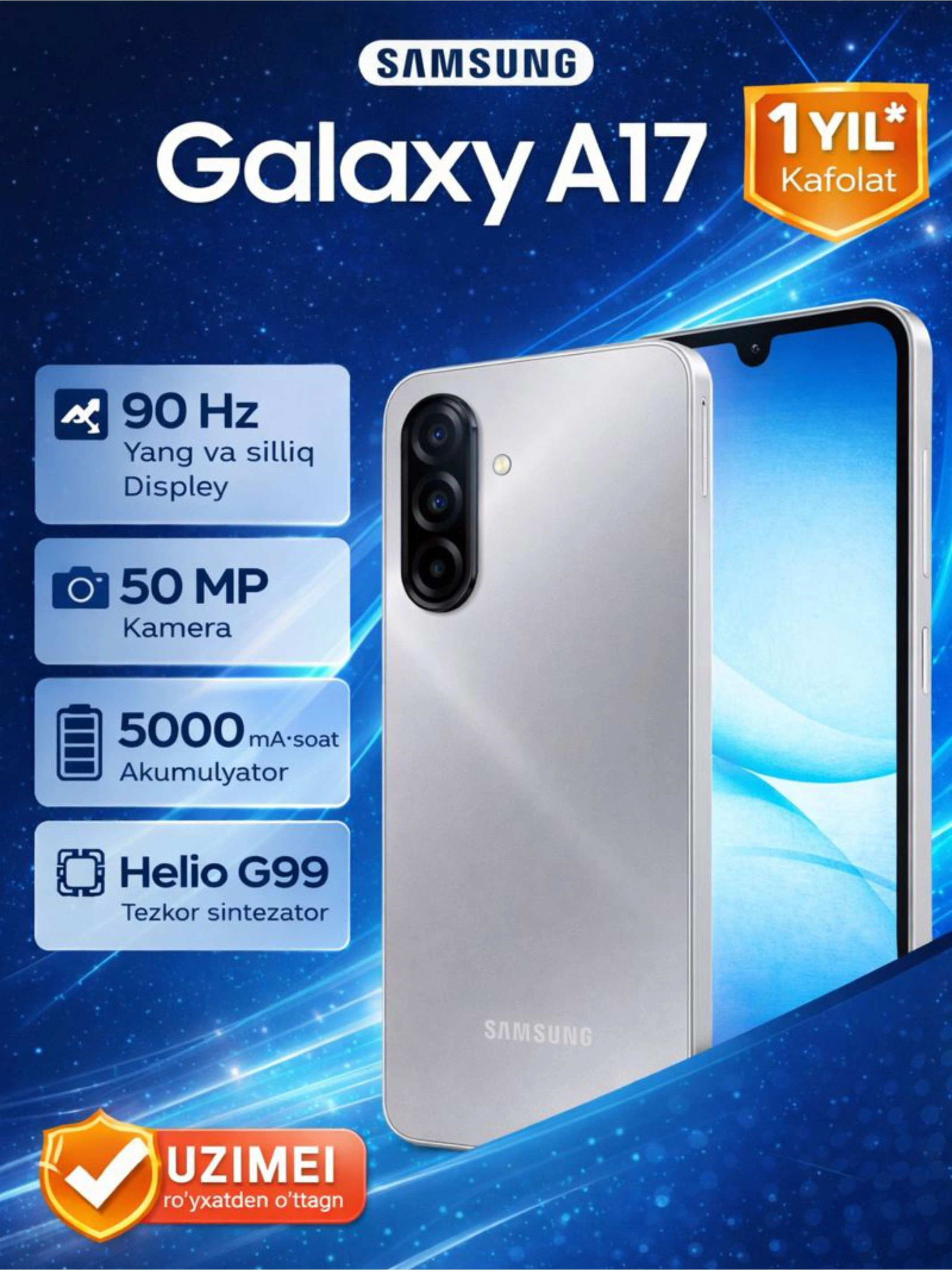 Смартфон Samsung Galaxy A17, 6.7" 90Гц экран, камера 50Мп, батарея 5000 мАч за 2499000 сум со скидкой 38%. Uzum Market
