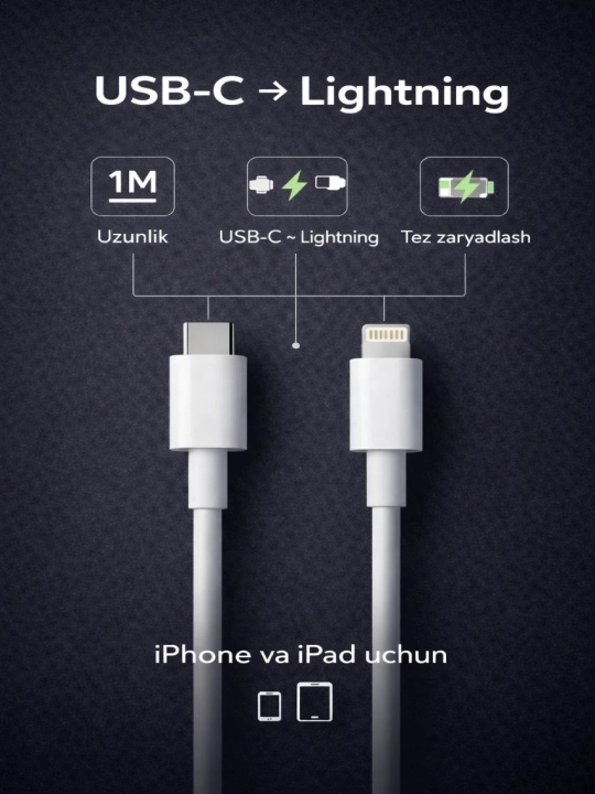 IPhone uchun Type-C to Lightning kabel 1 m, iPhone X/ 11/ 12/ 13/ 14 uchun, tez zaryadlash