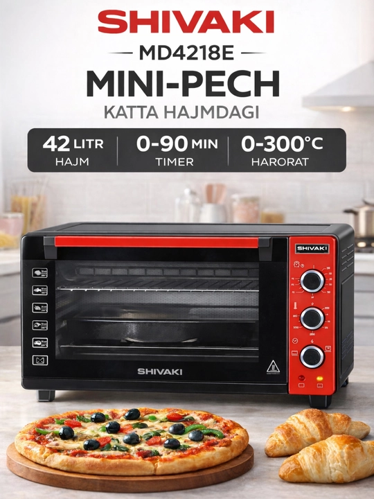 Ixcham va qulay Shivaki MD4218E mini pech — uy uchun ideal tanlov, qizil