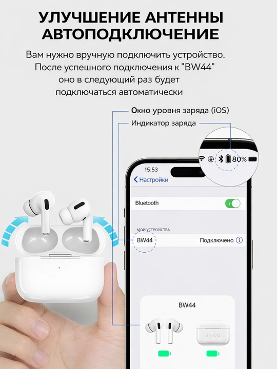 BWOO BO-BW44 mikrofonli vashovqinni kamaytiradigan simsiz naushniklar, (ENC) Bluetooth 5.1