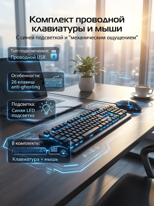 Игровая клавиатура и мышь, механическая чувствительность, яркая LED подсветка, ABS клавиши - 