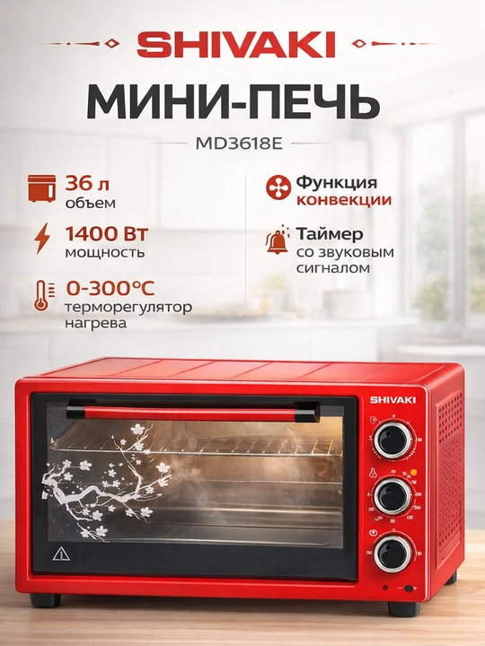 Shivaki MD3618E 36L 1400W — elektr pech, 36 litr, oson tozalash, tez pishirish, qizil